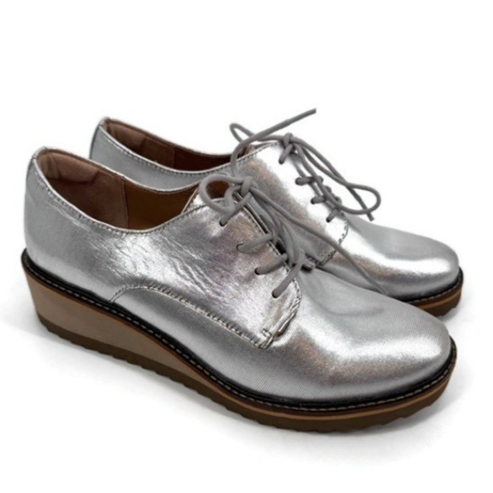 Sofft Salerno Silver Metallic‎ Leather Platform Oxford Shoes Women's 8.5